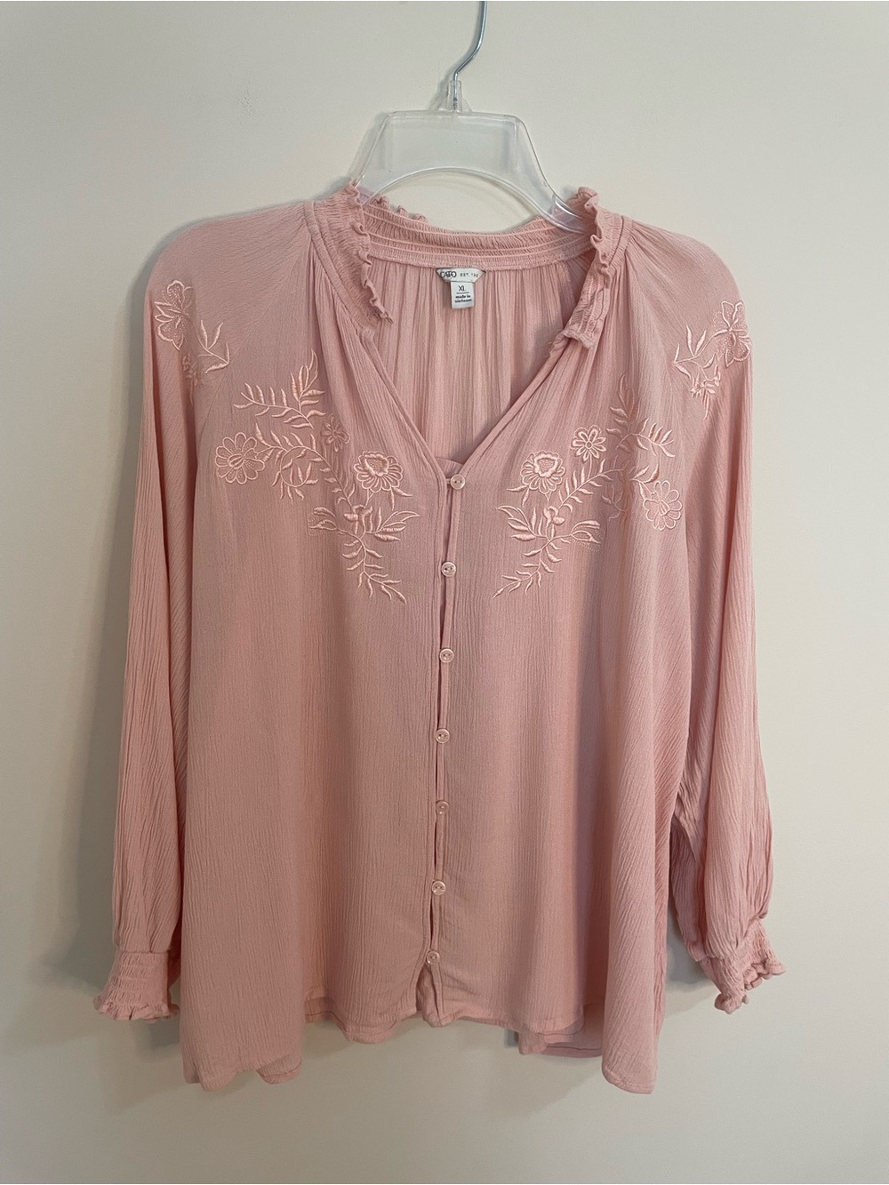 Cato Dusty Pink Embroidered Button-Front Blouse Women’s Size XL